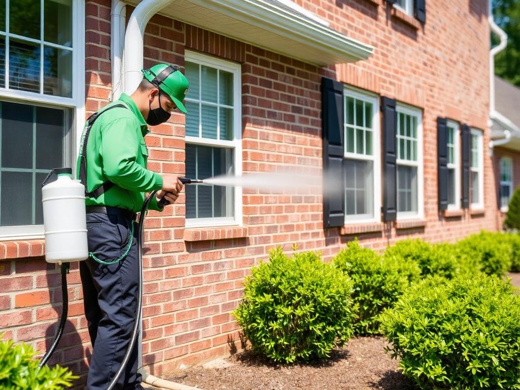 Technician applying a perimeter pest control treatment around the foundation of a Delaware brick home