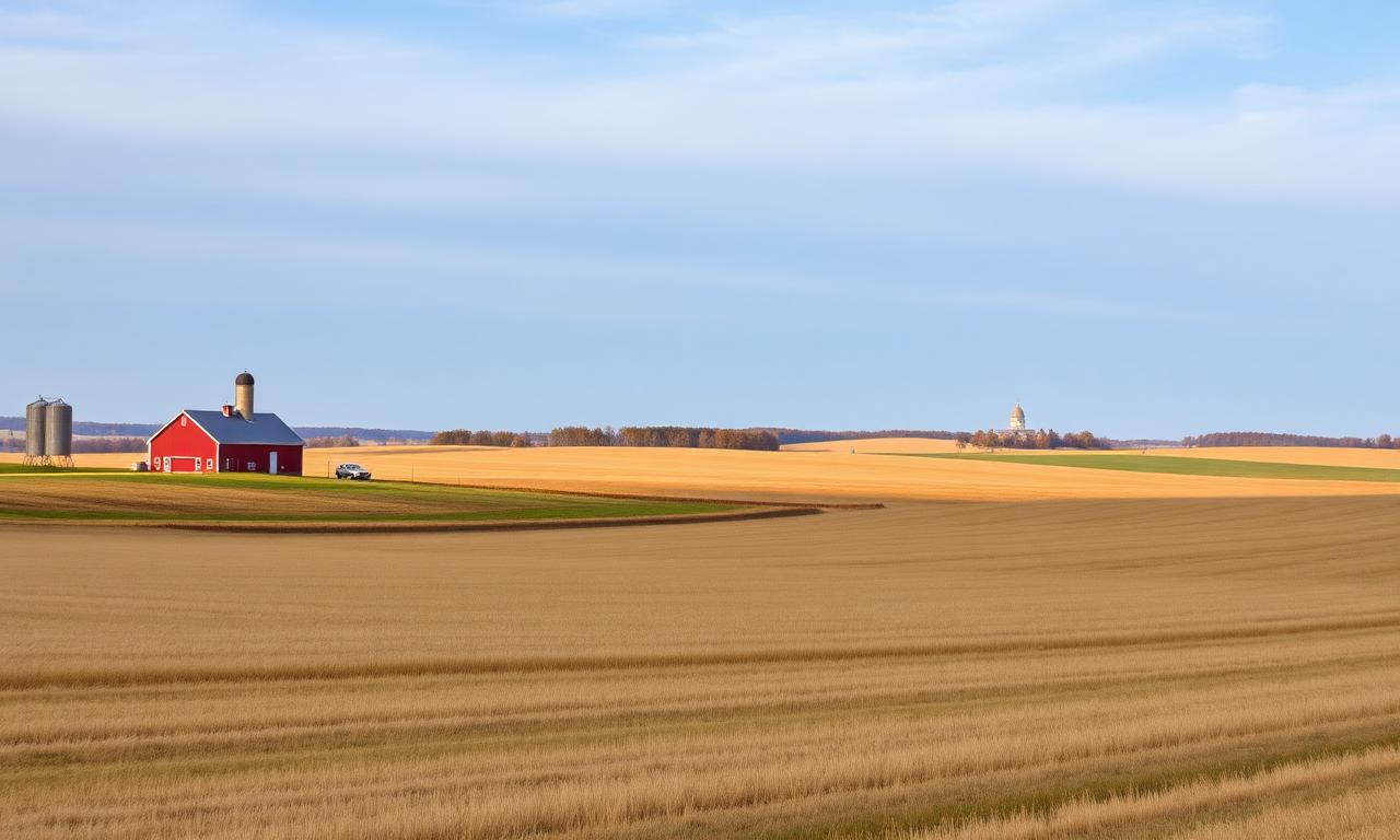 Open farmland and the Dover state capitol dome in Kent County, Delaware