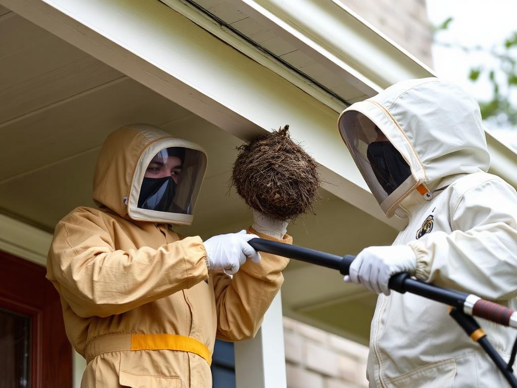 Technicians in protective suits removing a wasp nest from under a house eave