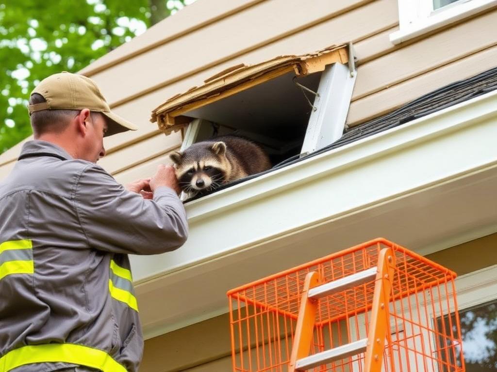Wildlife technician humanely handling a raccoon found in a damaged attic vent